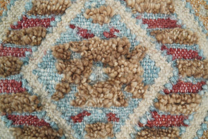 Hand Woven Boho Tribal Accent Mustard and Blue Jute and Wool Pillow, Cushion | PL13