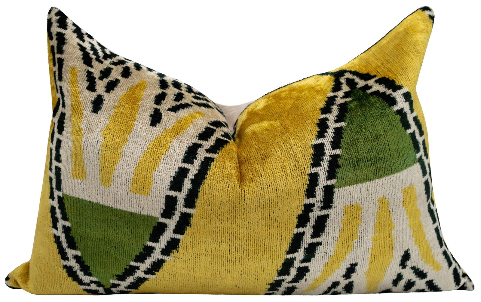 Handmade Gold Green Geometric Design Throw Pillow - 16x24 inch, Vegetable Dyed with Premium Down Feather Insert