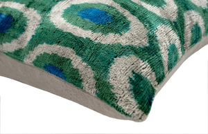 Handmade Green and Blue Circle Design Throw Pillow - 16x24 inch, Silk Velvet, Vegetable Dyed with Premium Down Feather Insert