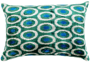 Handmade Green and Blue Circle Design Throw Pillow - 16x24 inch, Silk Velvet, Vegetable Dyed with Premium Down Feather Insert