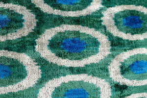 Handmade Green and Blue Circle Design Throw Pillow - 16x24 inch, Silk Velvet, Vegetable Dyed with Premium Down Feather Insert