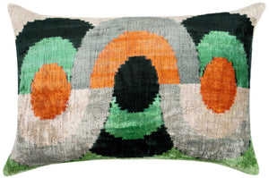 Handmade Orange Black Green Abstract Design Throw Pillow - 16x24 inch, Silk Velvet, Vegetable Dyed with Premium Down Feather Insert