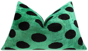 Handmade Velvet Lumbar Pillow in Green and Black Polka Dot Design - High-Quality 16x24 Inch Decorative Accent with Premium Down Feather Insert
