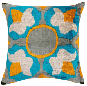 Handmade Velvet Throw Pillow with Blue, Yellow, and Gray Geometric Design - High-Quality 20x20 Inch Decorative Accent with Premium Down Feather Insert for Sofas, Couches, and Interior Design"