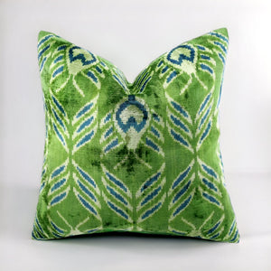 Handmade Velvet Throw Pillow with Green and Teal Ikat Design - High-Quality 20x20 Inch Decorative Accent with Premium Down Feather Insert