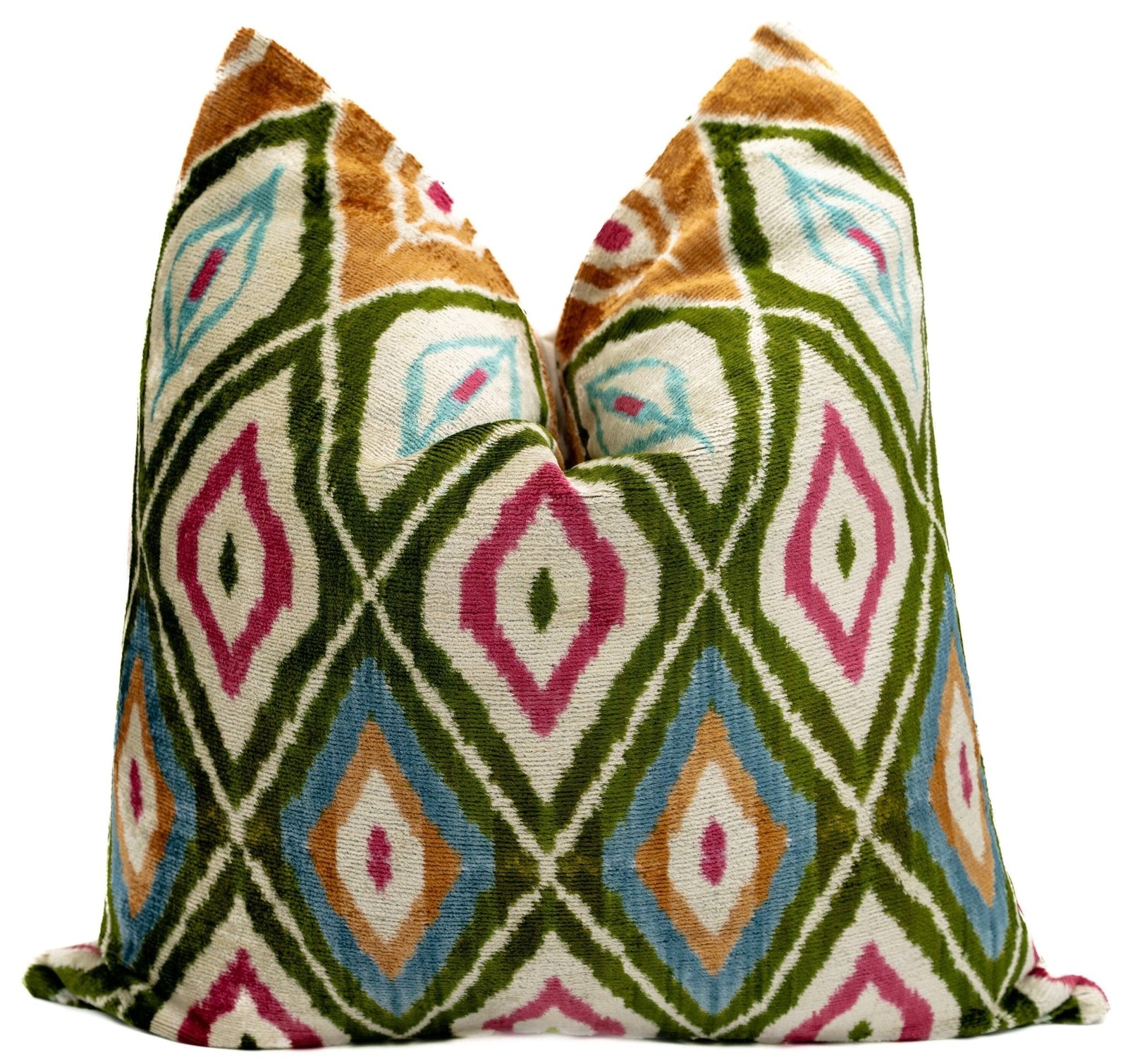 Handmade Velvet Throw Pillow with Multicolor Diamond Ikat Design - High-Quality 20x20 Inch Decorative Accent with Premium Down Feather Insert