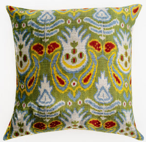 Handmade Velvet Throw Pillow with Multicolor Ikat Design - High-Quality 20x20 Inch Decorative Accent with Premium Down Feather Insert for Sofas, Couches, and Interior Design