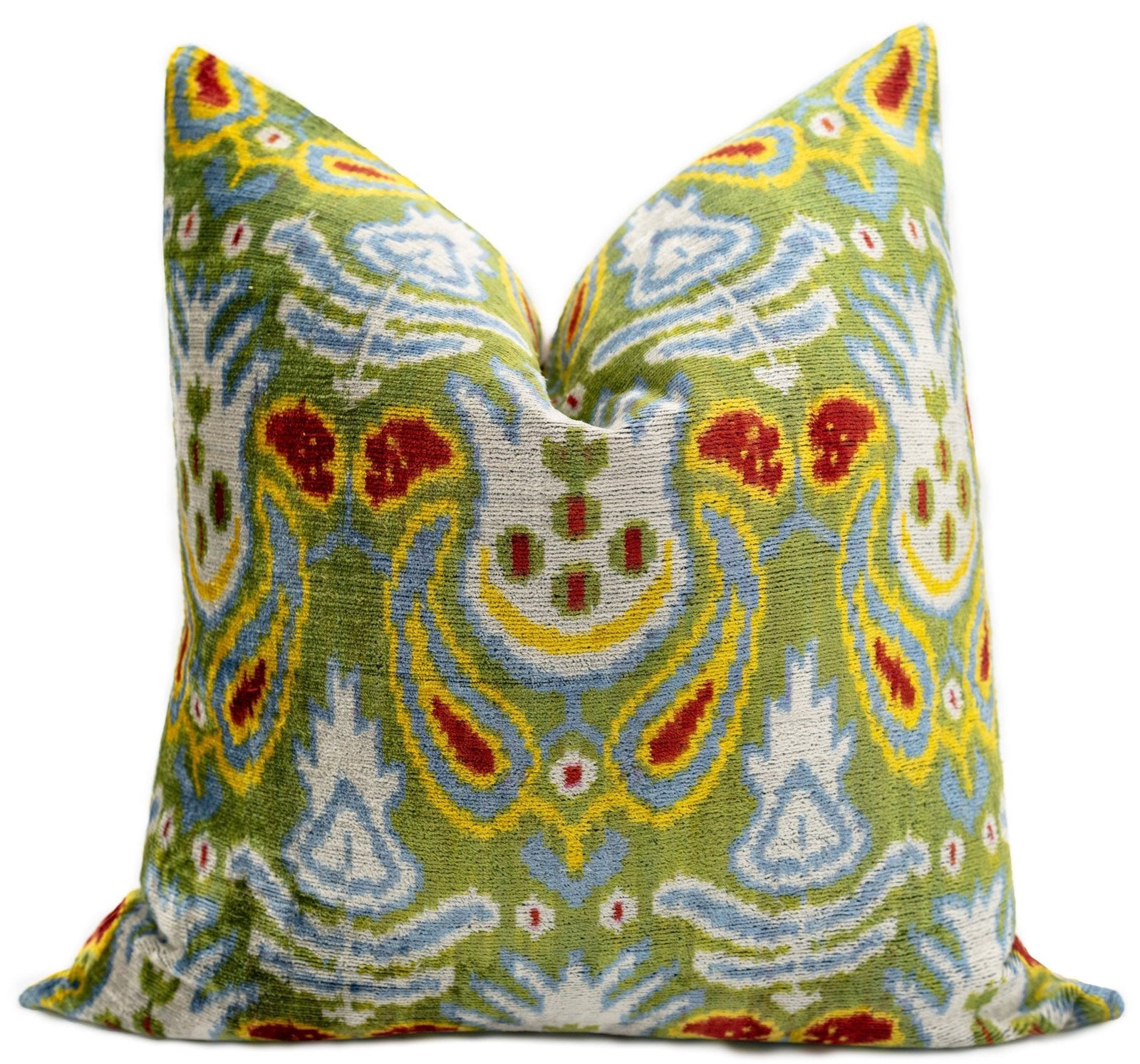 Handmade Velvet Throw Pillow with Multicolor Ikat Design - High-Quality 20x20 Inch Decorative Accent with Premium Down Feather Insert for Sofas, Couches, and Interior Design