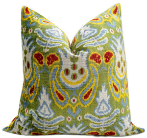Handmade Velvet Throw Pillow with Multicolor Ikat Design - High-Quality 20x20 Inch Decorative Accent with Premium Down Feather Insert for Sofas, Couches, and Interior Design