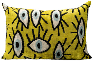 Handmade Yellowish Eye Design Throw Pillow - 16x24 inch, Vegetable Dyed with Premium Down Feather Insert