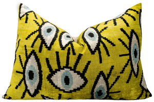 Handmade Yellowish Eye Design Throw Pillow - 16x24 inch, Vegetable Dyed with Premium Down Feather Insert