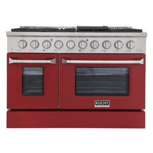 Kucht 48" Gas Range in Stainless Steel, Red Oven Doors, KNG481-R