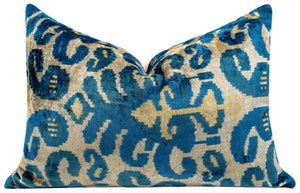 Luxurious 16x24 Handmade Ikat Silk Velvet Pillow with Premium Down Feather Insert by Canvello – Rich Blue and Gold Motifs