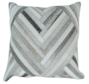 Modern Geometric Silver and Ivory Striped Genuine leather Pillow, Cushion | PL18