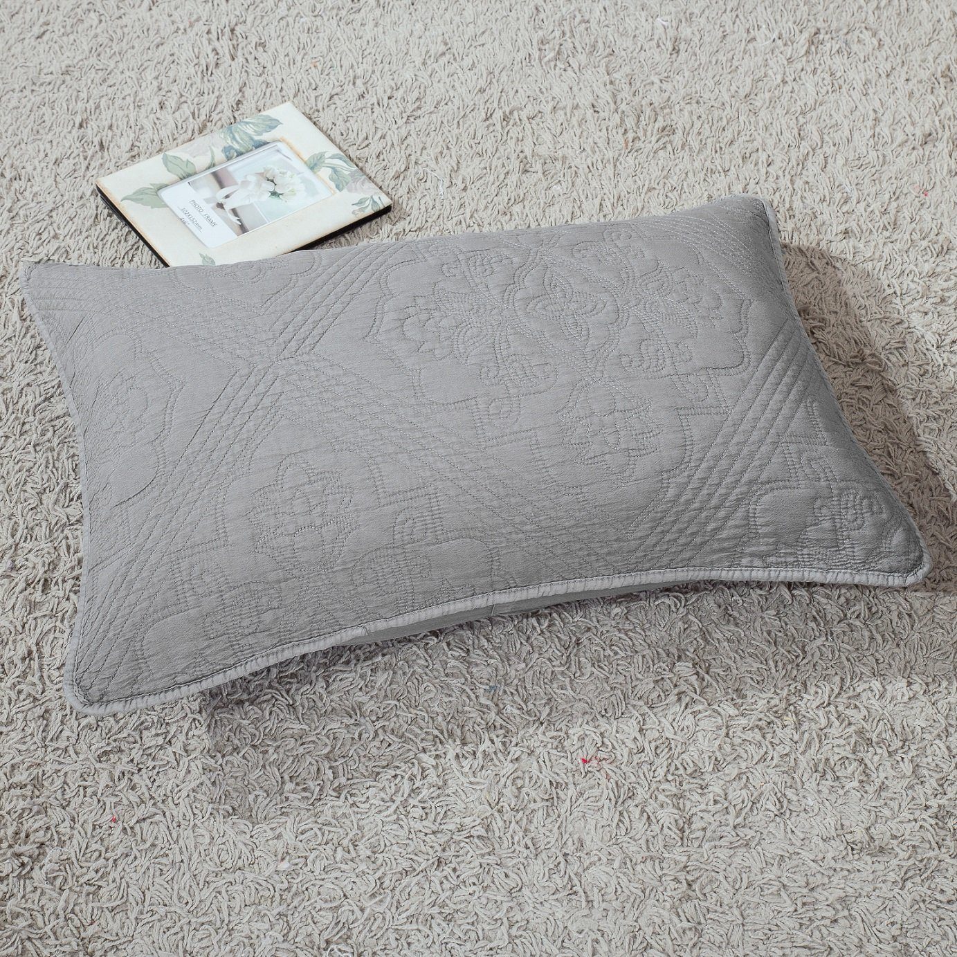 DaDa Bedding Floral Stone Wash Grey Diamond Pattern Quilted King Size Pillow Sham - 20” x 36” (JHW855)