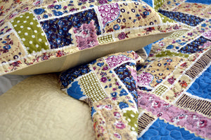 DaDa Bedding Cottage Blue Ivory Yellow Floral Scalloped Cotton Patchwork Quilted Bedspread Set (DXJ103269-1)