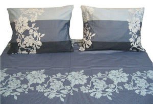 DaDa Bedding Navy Blue Floral Striped Fitted + Flat Sheets & Pillow Cases Set (FSFS8153)
