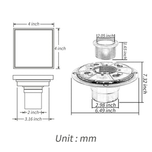 Chrome brass floor drain 4x4inch