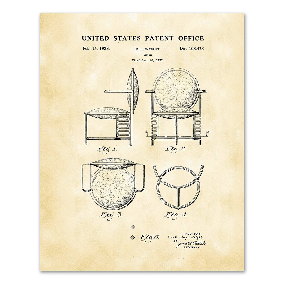 Patent Drawing DS108473 Design of a Chair by Frank Lloyd Wright