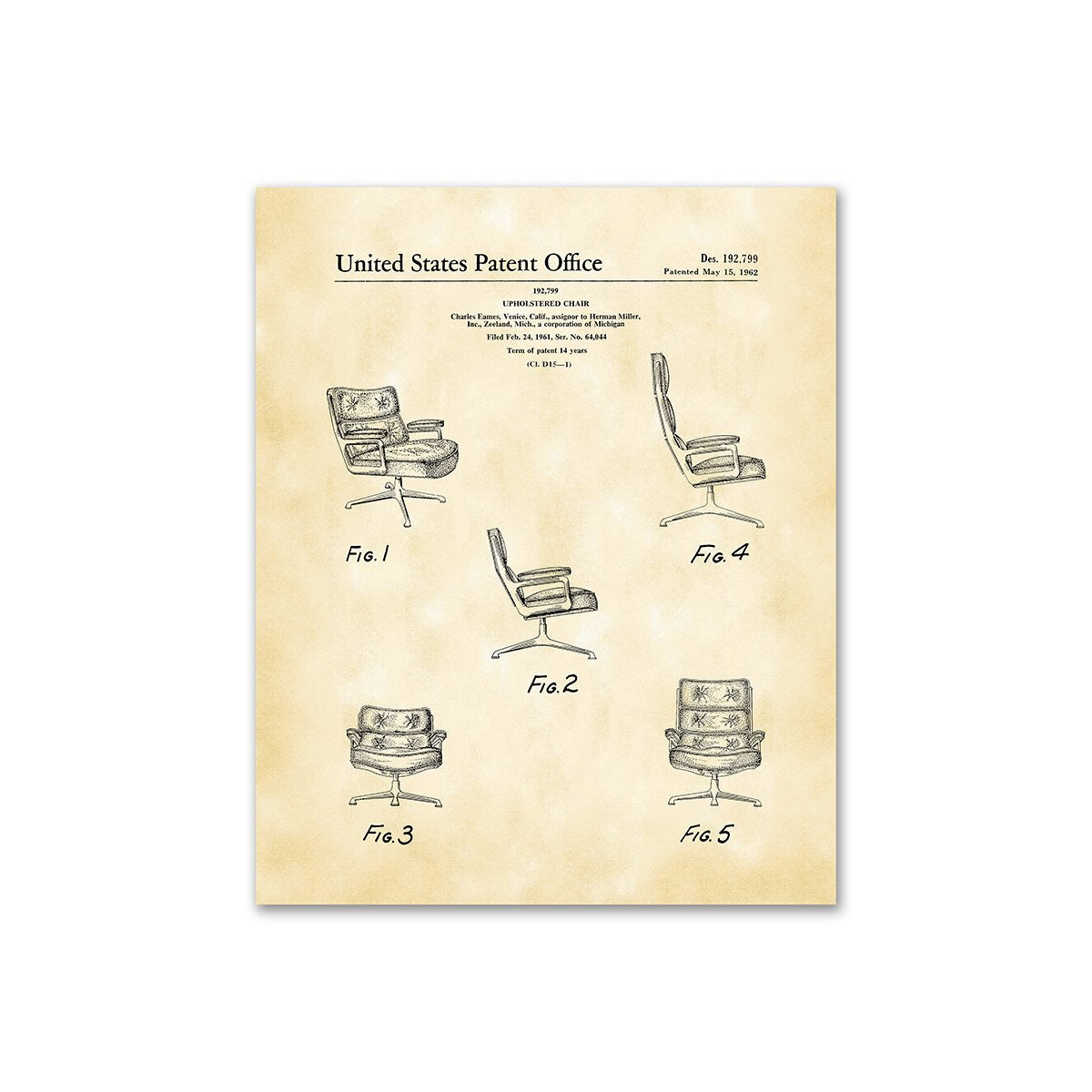 Patent Drawing DS192799 Upholstered Chair by Charles Eames
