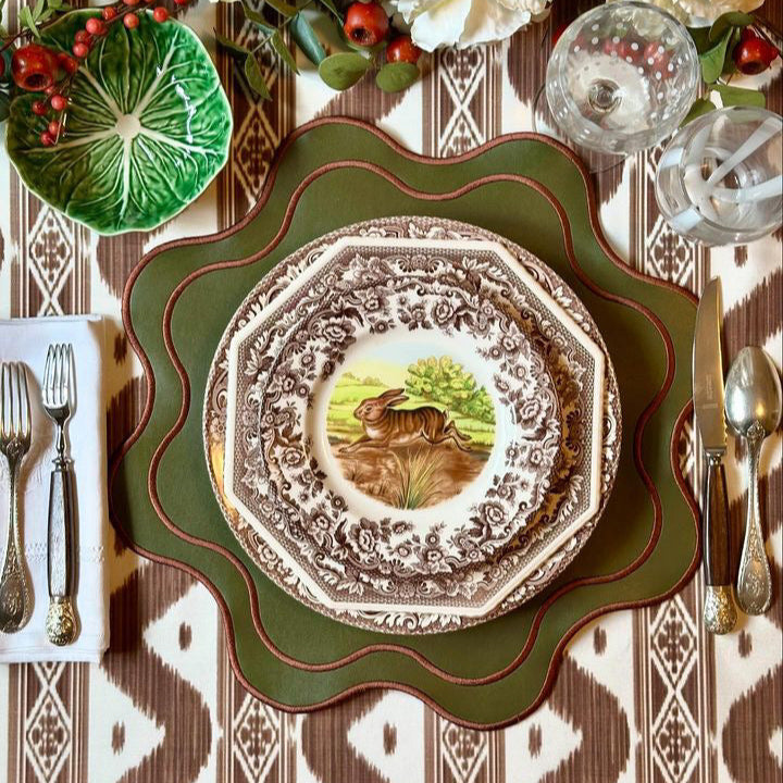 HAVEN DARK GREEN BROWN TRIM WAVY EDGE FAUX LEATHER PLACEMAT (Set Of 4) - Set of 4