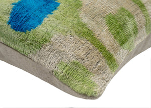 Vibrant 16x16 Handmade Ikat Silk Velvet Pillow with Premium Down Feather Insert by Canvello – Lively Green and Blue Hues