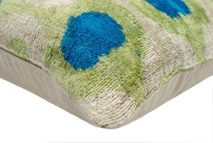 Vibrant 16x24 Handmade Ikat Silk Velvet Pillow with Premium Down Feather Insert by Canvello – Lively Green and Blue Hues