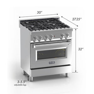 ZLINE 30" Dual Fuel Range, DuraSnow, Stainless, White Matte Door, RAS-WM-30