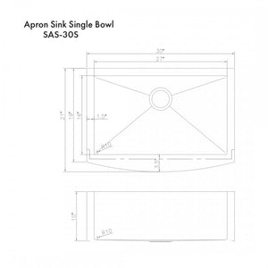 ZLINE 30" Undermount Single Bowl Apron Sink Stainless Steel, SAS-30S