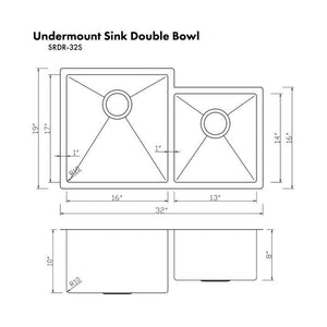ZLINE 32"  Undermount Double Bowl Sink, Dura Snow Stainless, SRDR-32S
