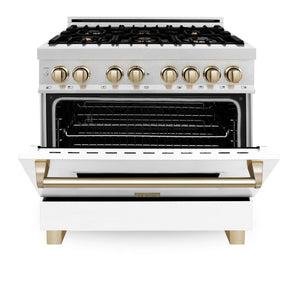 ZLINE 36" Autograph Dual Fuel Range, DuraSnow, White,Gold,RASZ-WM-36-G
