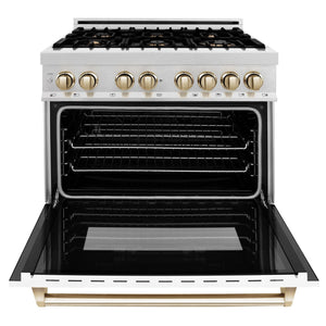 ZLINE 36" Autograph Dual Fuel Range, DuraSnow, White,Gold,RASZ-WM-36-G