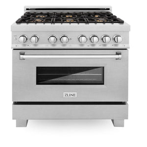 ZLINE 36" Dual Fuel Range, DuraSnow, Stainless, Brass Burners, RAS-SN-BR-36