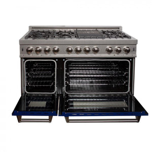 ZLINE 48" Dual Fuel Range in Snow Stainless, Blue Gloss Door, RAS-BG-48
