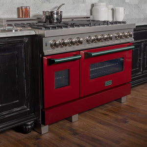 ZLINE 48" Dual Fuel Range in Snow Stainless, Red Gloss Door, RAS-RG-48