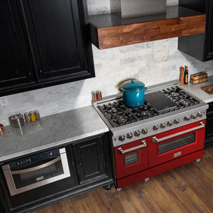 ZLINE 48" Dual Fuel Range in Snow Stainless, Red Gloss Door, RAS-RG-48