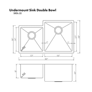 ZLINE Jackson 32"  Undermount Double Bowl Sink In Stainless Steel, SRDL-32