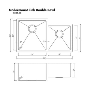 ZLINE Jackson 32" Undermount Double Bowl Sink In Stainless Steel, SRDR-32