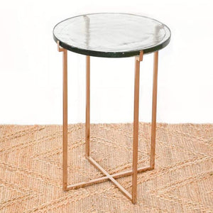 Glass Side Table with Rose Gold Metal Leg.