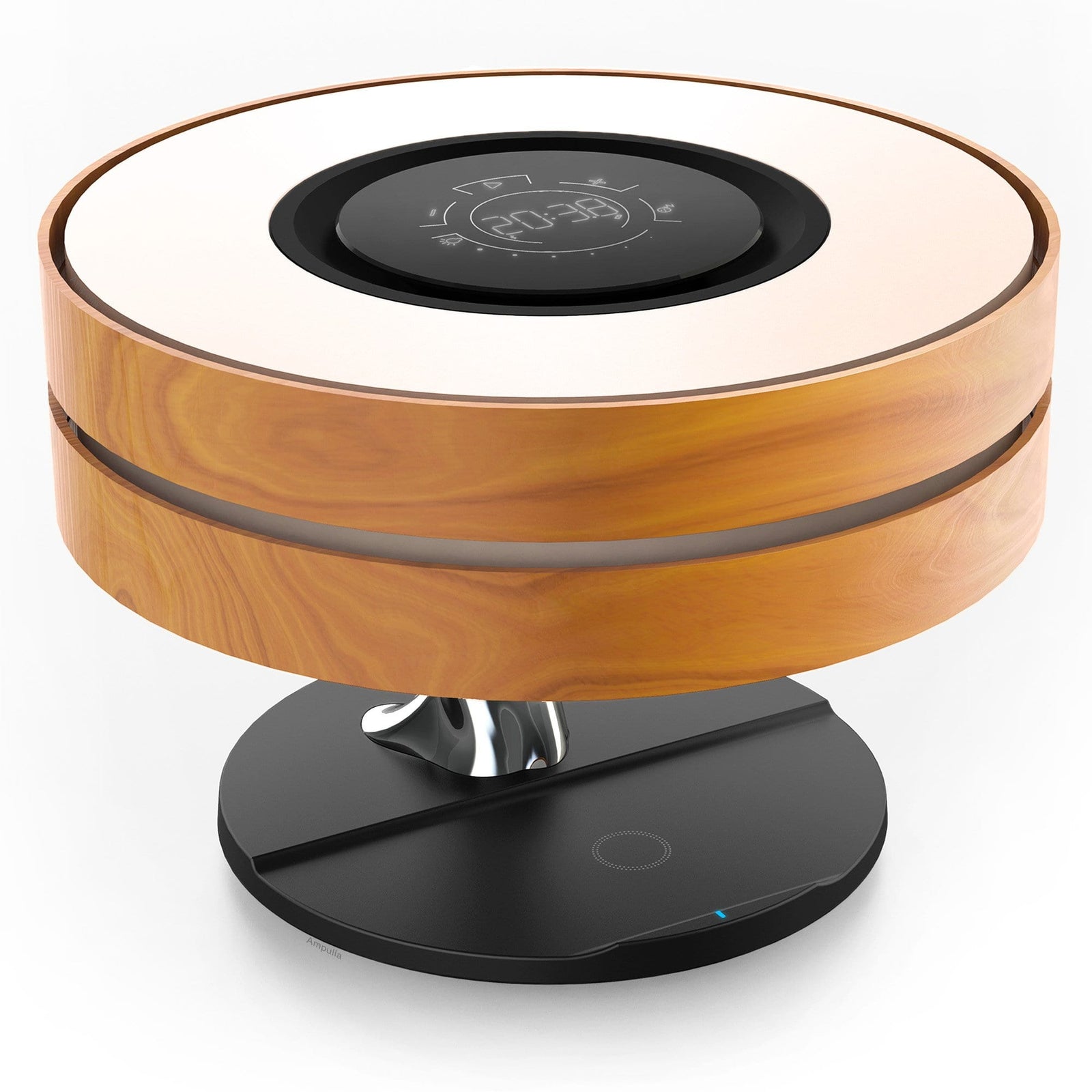 Compass of life lamp with wireless phone charger included on a wooden table with a glass of water and an candle on a book.