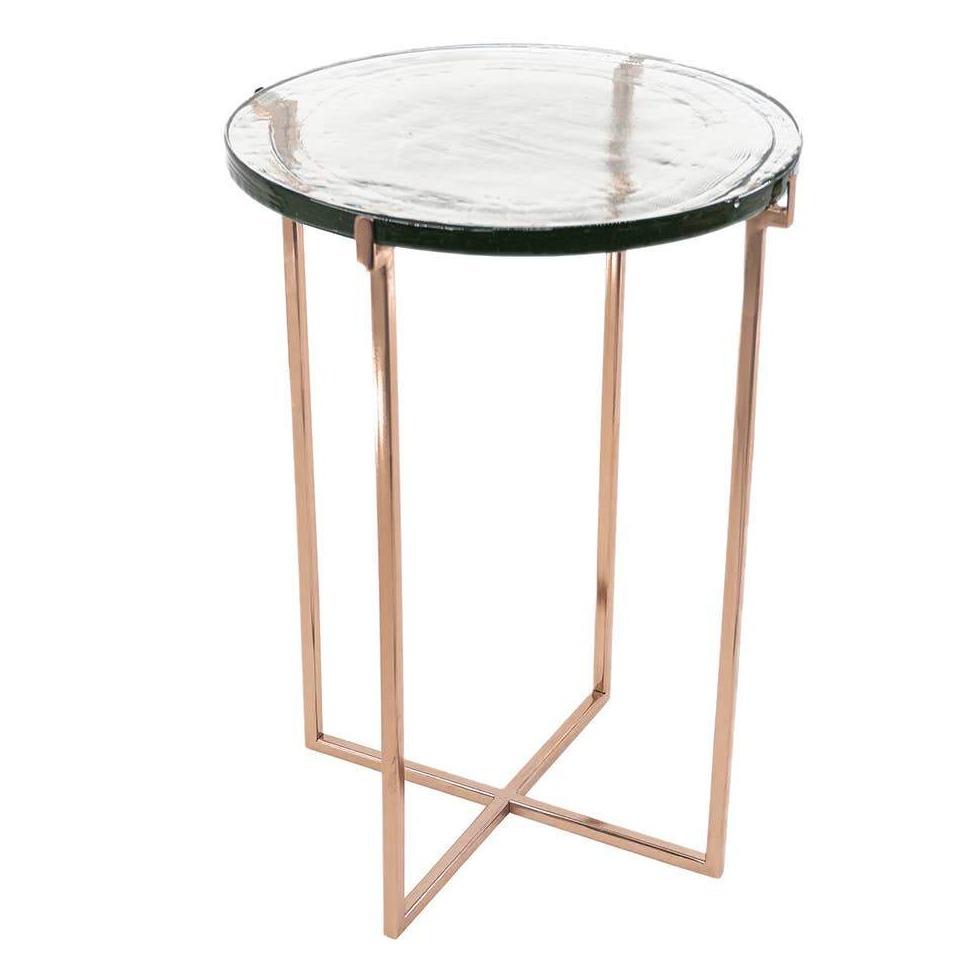 Luxe Glass Side Table With Rose Gold Metal Leg.