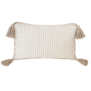 Front view of Hand Quilted Tassel Cotton Throw Pillow.