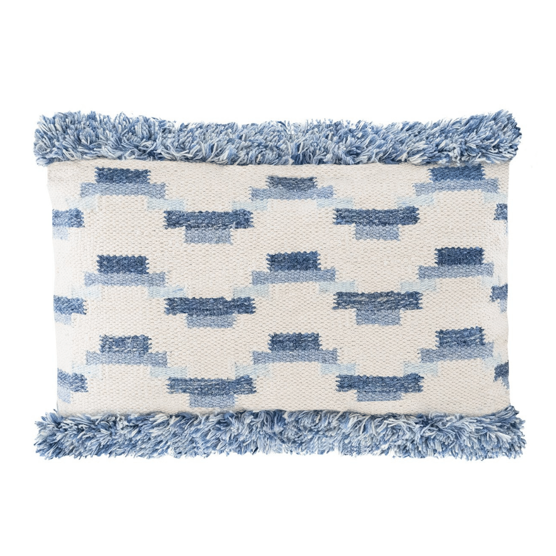 Indigo Blue Geometric Boho Throw Pillow With Fringe.