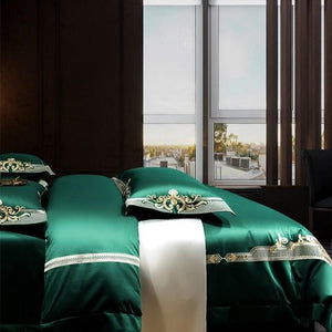 Side View of Royal Green Lake Embroidered Duvet Cover Set