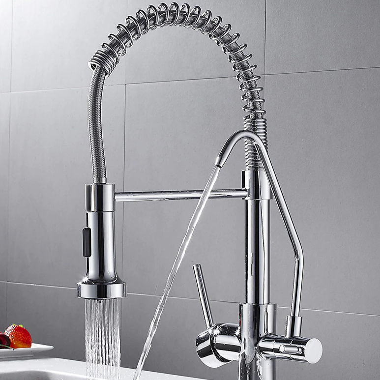 Chrome color pull down Abraham kitchen faucet with filter.