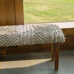 Handwoven Mocha Pattern Modern Bench in a living room of a house farm.