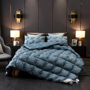Giuseppina 1000 Thread Count Goose Down Blue Comforter Bedding Set in modern bedroom Available in Queen and King Size.