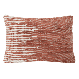 Front view of 14" x 20" Terracotta Handwoven Striped Pillow with down inserted filling.