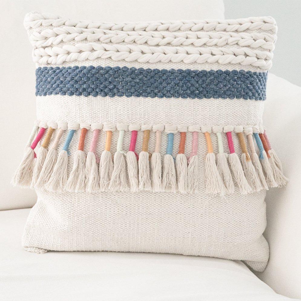 Rainbow Tassel Cotton Boho Throw Pillow.
