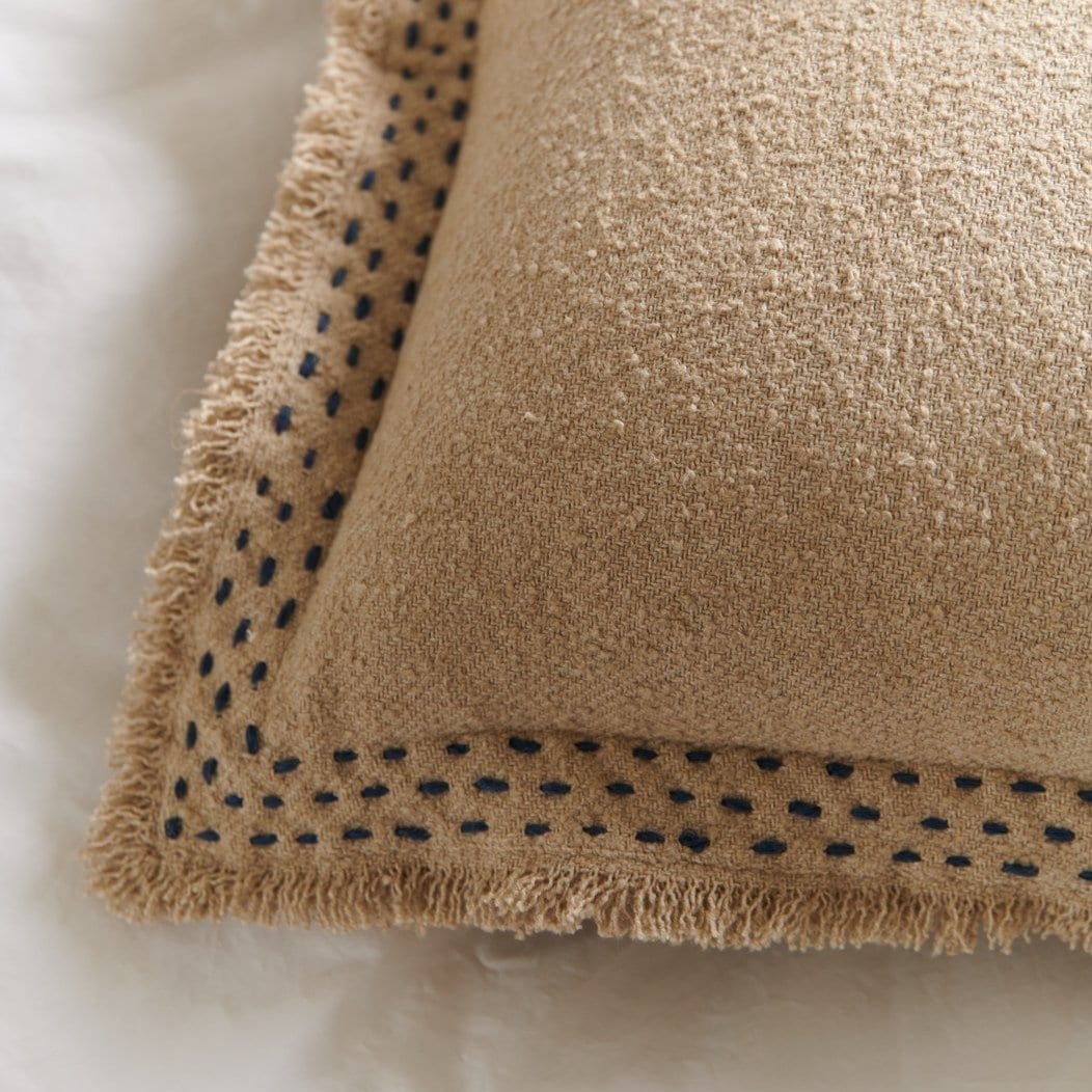 Hand Quilted Border Cotton Beige Throw Pillow.